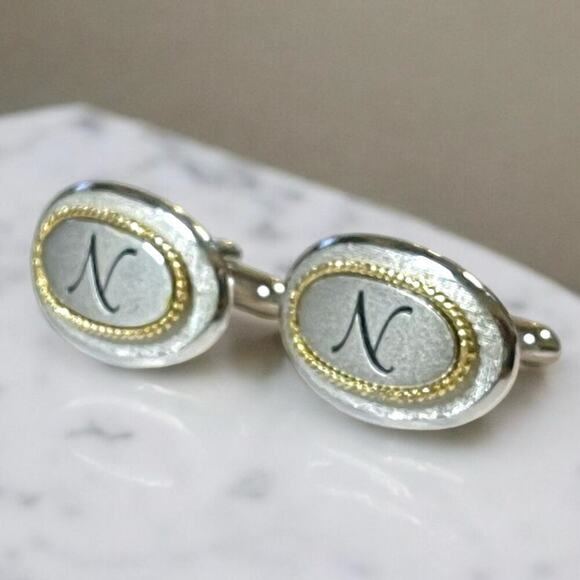Vintage Swank Cufflinks Two Tone Monogrammed N Signed